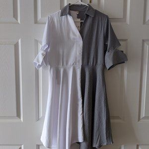 Belted gray and white striped asymmetric dress